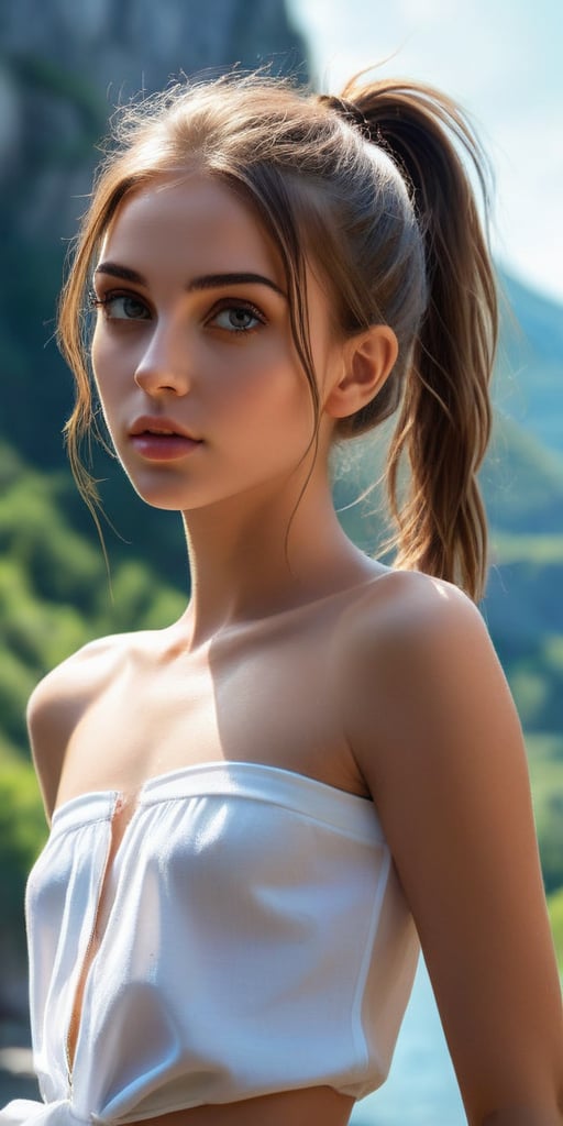 amazing quality, masterpiece, best quality, highres, breathtaking, breathtaking young and beautiful woman, close_up low angle, open wide blouse, topless, bare shoulders, small breast, ponytail, slender, sensual, exciting, scenery, perfecteyes, portraitart,portrait art style,art_booster