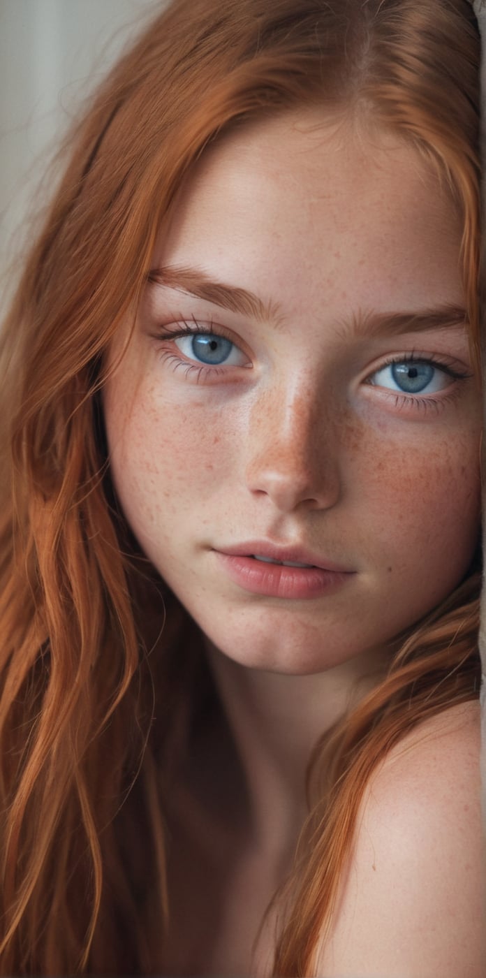 1girl, 16yo, solo, close up shot , (in love:1.5), long hair, messy red hair, dark blue eyes, tan skin, lips, slight smile, sleepy, freckles, dimples, thick eyebrows, bare shoulders, morning light,