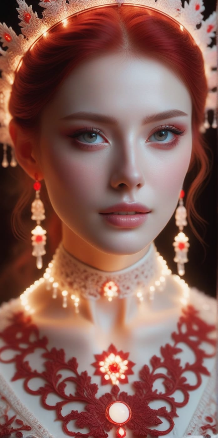 portrait of an woman white porcelain skin pierced with red Intricate details, very realistic cinematic lighting, volumetric lighting, photographic, no blur, bokeh, defocus, degree sharpness ,porcellana style