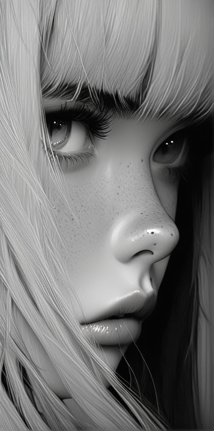 1girl, 20 year old, (((solo, long hair, looking at viewer, bangs, closed mouth, monochrome, greyscale, lips, eyelashes, piercing, portrait, freckles, realistic, nose))))