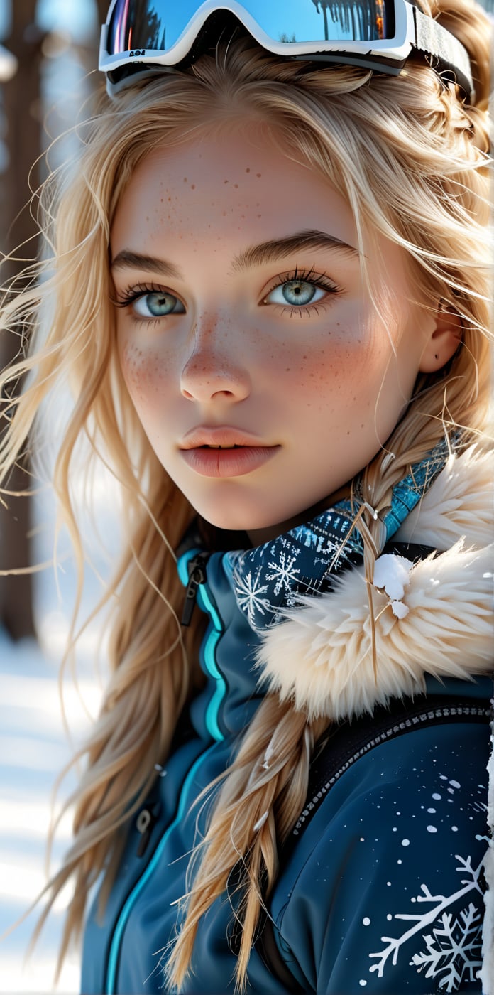 "Misterious beauty" (Misterious mood Soft Lighting art), Aesthetic,close-up, close_up portrait, Masterpiece, best quality, 
Create an face and hair portrait that meets the following requirements: - A nordic blonde beauty stands at eye-level, her hair flowing over shoulders in a winter wonderland setting. She is tanned with a few freckles, She is wearing the latest in ((athletic ski fashion)), her body is turned but she is looking at the camera, blurred background, drawing attention to her striking outfit.
- The image must occupy the entire screen and be in UHD (ultra high resolution format definition). Olga Ester style.
