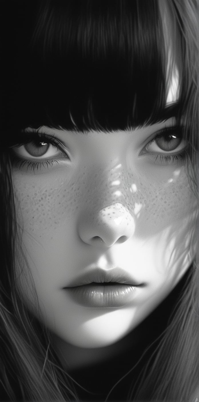 1girl, 20 year old, (((solo, long hair, looking at viewer, bangs, closed mouth, monochrome, greyscale, lips, eyelashes, piercing, portrait, freckles, realistic, nose))))