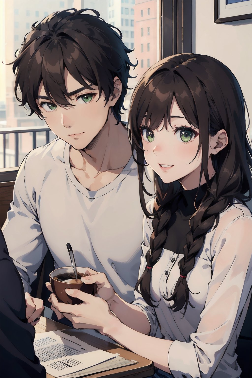 Romantic couple out on coffee date, happy, warm, lovely, sweet, beautiful, Woman (braided black hair, brown eyes), BREAK Handsome muscular Man (Brown hair, green eyes, flat chin)