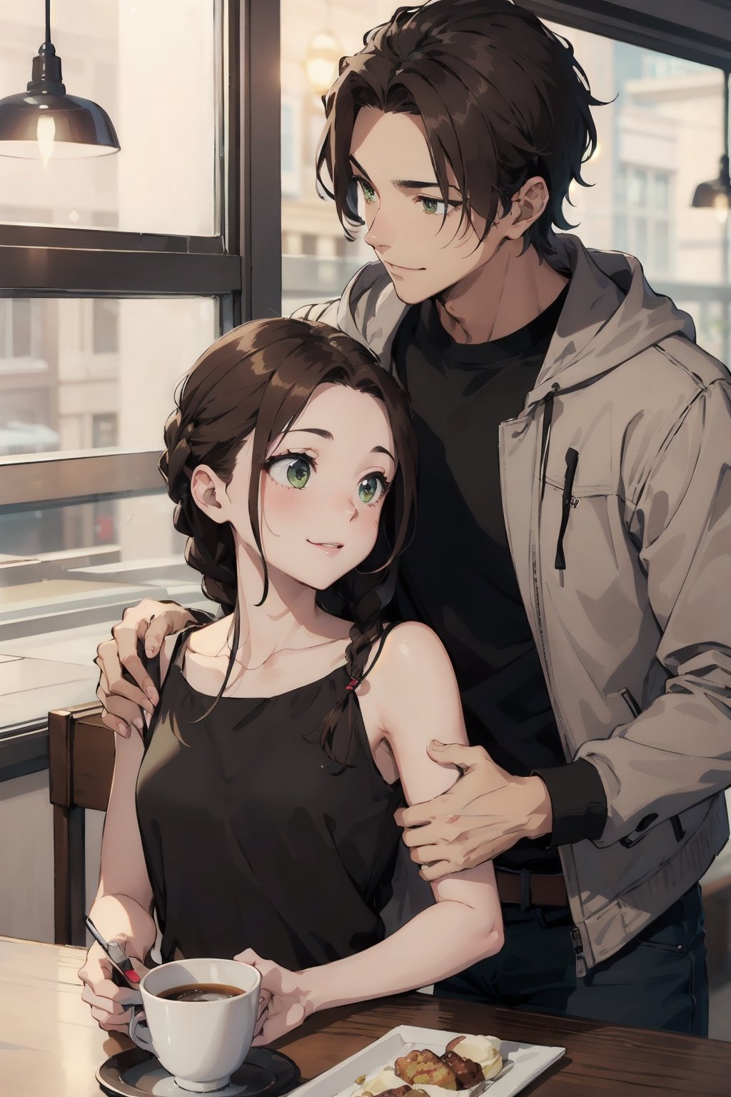 Romantic couple out on coffee date, happy, warm, lovely, sweet, beautiful, Woman (braided black hair, brown eyes), BREAK Handsome muscular Man (Brown hair, green eyes, flat chin)