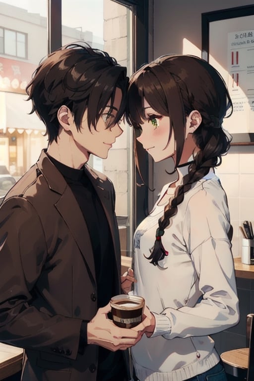 Romantic couple out on coffee date, happy, warm, lovely, sweet, beautiful, Woman (braided black hair, brown eyes), BREAK Handsome muscular Man (Brown hair, green eyes, flat chin)