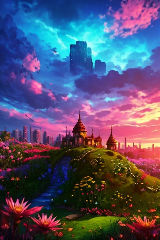High detailed  , picture of the most beautiful nature city, buildings are made of green beautiful plants, area is surrounded by various flowers, multi colored sky, light rays ,mysticlightKA, full view, at dawn ,Isometric_Setting