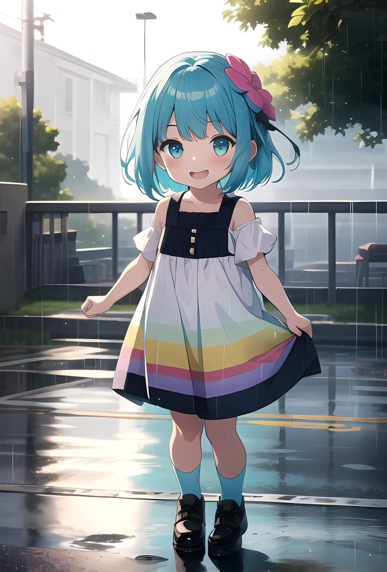 Girl, child, blue hair with green marks on it,(multi coloured hair), aqua eyes, open mouth, smiling,  rainbow pattern dress, playing in the rain, sunny, light ray, looking at viewer, full body 