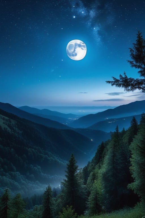 outdoors, sky, cloud, tree, no humans, night, border, moon, star \(sky\), nature, night sky, scenery, full moon, forest, starry sky, blue theme, mountain, landscape, moonlight