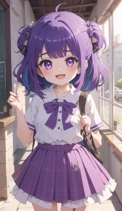 Details++,1girl, loli,,solo,purple bright eyes,purple multicolored_hair,short wavey hair,bangs,hair ornaments,jewelry, school uniform,smile,open mouth,cute_fang,upper body,high resolution 