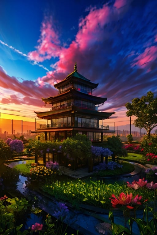 High detailed  , picture of the most beautiful nature city, buildings are made of green beautiful plants, area is surrounded by various flowers, multi colored sky, light rays ,mysticlightKA, full view, at dawn ,Isometric_Setting