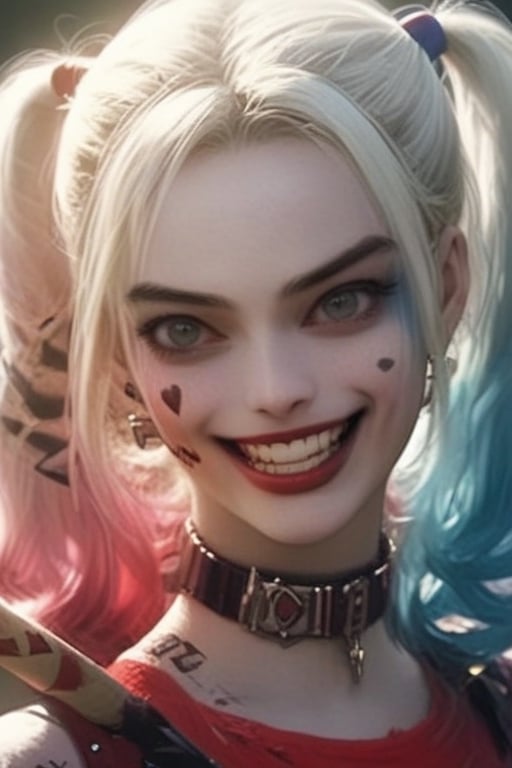 HarleyQuinn1024, masterpiece, ultra-detailed, solo,upper body,big grin ,open mouth,psycho look cute,anime,score_9_up