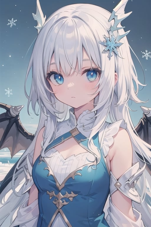 ((best quality)), ((masterpiece)), ((ultra-detailed)), extremely detailed CG, (illustration), ((detailed light)), (an extremely delicate and beautiful), a girl, solo, ((upper body,)), ((cute face)), expressionless, (beautiful detailed eyes), blue dragon eyes, (Vertical pupil:1.2), white hair, shiny hair, colored inner hair, (Dragonwings:1.4), [Armor_dress], blue wings, blue_hair ornament, ice adorns hair, [dragon horn], depth of field, [ice crystal], (snowflake), [loli], [[[[[Jokul]]]]]