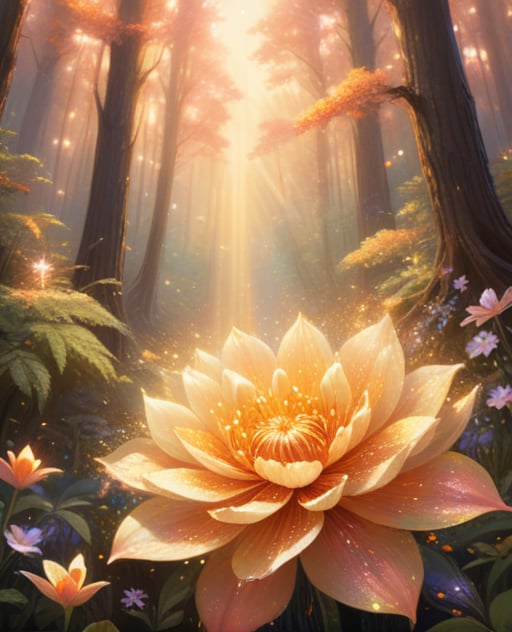 A majestic flower blooms at the heart of the forest, surrounded by lush greenery, as warm golden light pours in from above, illuminating delicate petals that shimmer with iridescent hues. Soft pink and bright yellow tones gradate into fiery orange, forming a mesmerizing celestial display that fills the frame, drawing the viewer's gaze to the flower's radiant beauty.,glitter