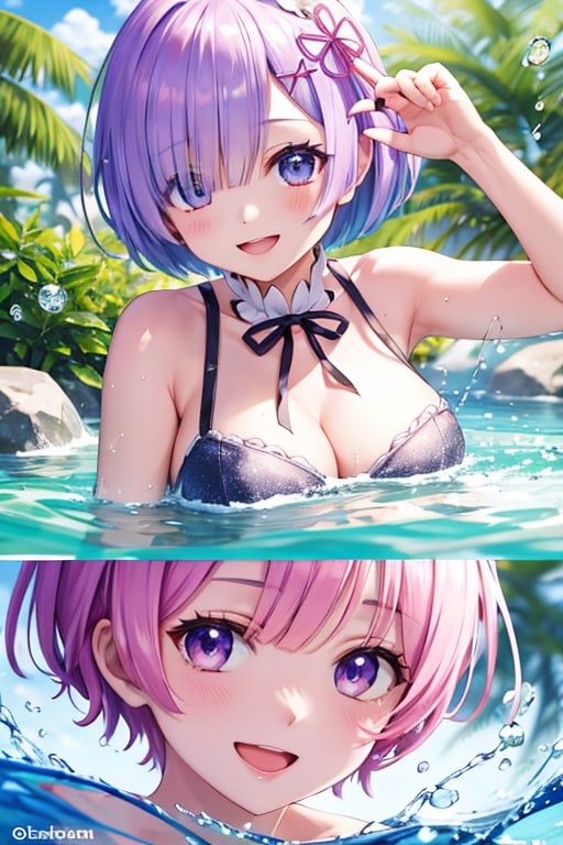Rem , smiling, open mouth, water droplets, splash, playing in rever, sunny day ,sparkling, plants,  , close view, high quality, anime,nayutaren