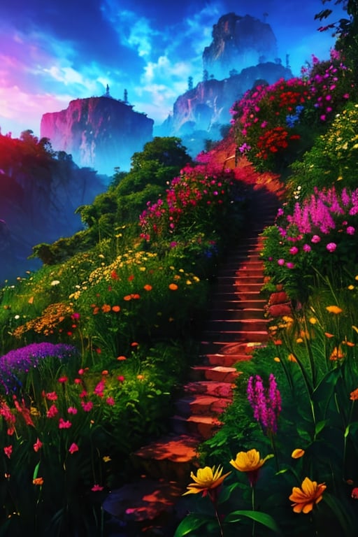 High detailed  , picture of the most beautiful nature city, buildings are made of green beautiful plants, area is surrounded by various flowers, multi colored sky, light rays ,mysticlightKA, full view, at dawn ,ninjascroll