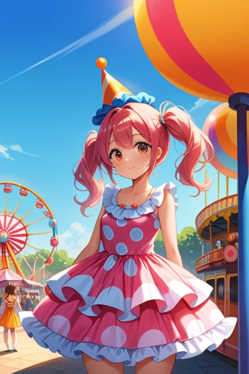 A young girl dressed in a vibrant candy-themed costume, complete with a lollipop hat and gumball-patterned dress, stands out against the colorful backdrop of an amusement park. She holds a giant stuffed animal, her bright pink hair styled in pigtails, as the sun casts a warm glow on the scene.,Enhance