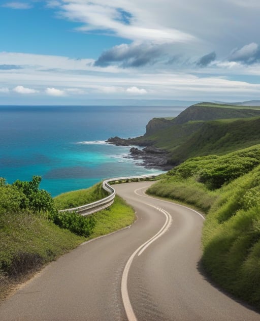 A serene oceanside scene: a cloudy sky with wispy clouds stretching across the horizon, reflecting off the calm turquoise waters below. A winding road disappears into the distance, flanked by lush greenery and rocky outcroppings, as far as the eye can see.
