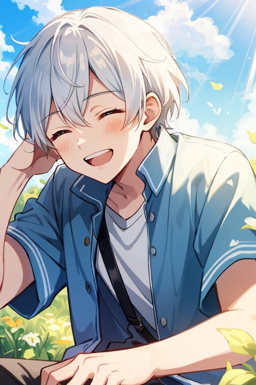 masterpiece, hd, 8k, picture of a boy, solo, white hair, closed  eyes, handsome,big smile, honest and beautiful smile, open mouth,  kind expression, bright sunshiny day, light rays, light particles, high quality , very close view, face sized picture 