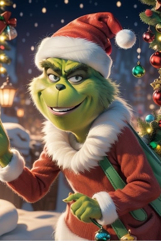 Grinch,at a Christmas party, with a stolen bag of Christmas presents, has a mischievous smile that is running from cheek bone to cheek bone, mouth closed ,animal focus