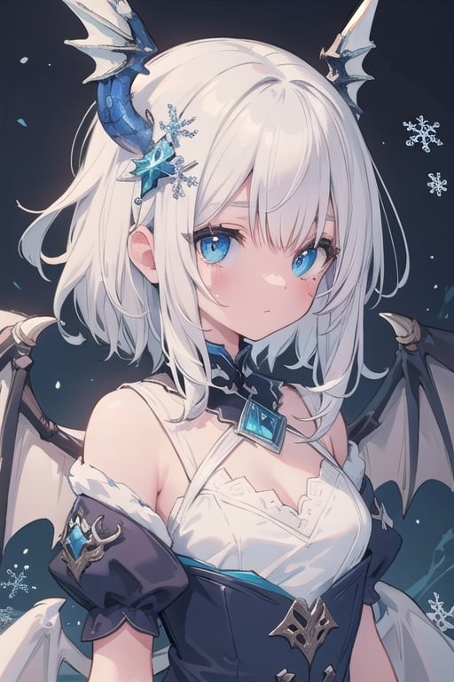 ((best quality)), ((masterpiece)), ((ultra-detailed)), extremely detailed CG, (illustration), ((detailed light)), (an extremely delicate and beautiful), a girl, solo, ((upper body,)), ((cute face)), expressionless, (beautiful detailed eyes), blue dragon eyes, (Vertical pupil:1.2), white hair, shiny hair, colored inner hair, (Dragonwings:1.4), [Armor_dress], blue wings, blue_hair ornament, ice adorns hair, [dragon horn], depth of field, [ice crystal], (snowflake), [loli], [[[[[Jokul]]]]]