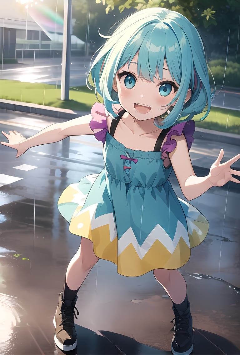 Girl, child, blue hair with green marks on it,(multi coloured hair), aqua eyes, open mouth, smiling,  rainbow pattern dress, playing in the rain, sunny, light ray, looking at viewer, full body 