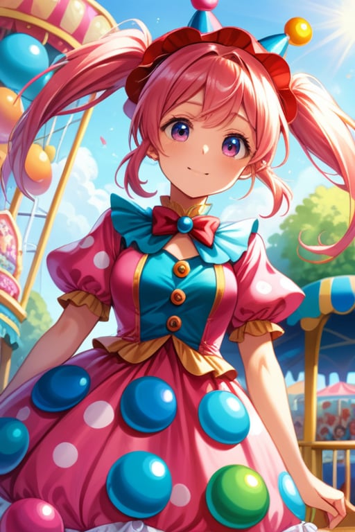 A young girl, resplendent in a candy-themed costume, with a lollipop hat and gumball-patterned dress, stands proud amidst the vibrant hues of an amusement park. Her bright pink hair styled in pigtails, she grasps a giant stuffed animal as the warm sunlight casts a golden glow on her joyful face.