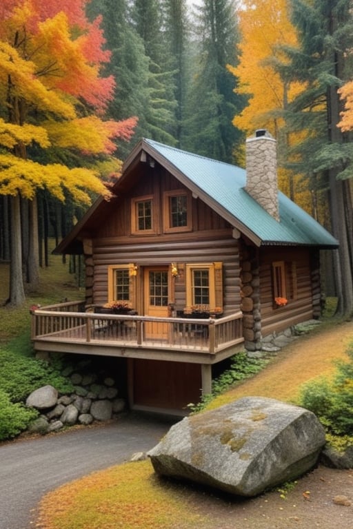 Cozy cabin,in the woods, surrounded by autumn trees, beautiful, aesthetic view, high quality, Masterpiece 