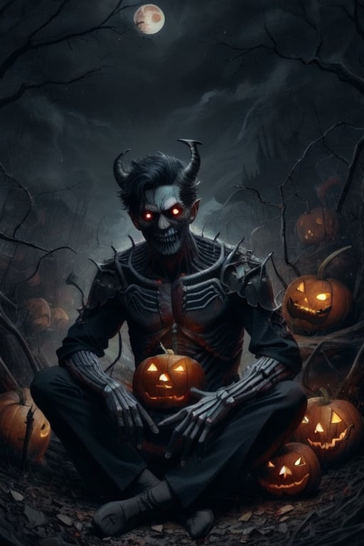 Masterpiece, ultra quality, great detail, Halloween, ,halloween,monster, demon,male, shining Red eyes, monstrous smile, sitting on a pile of skeleton Heads, blood red moon, scary night time, graveyard ,DonMD3m0nsXL 