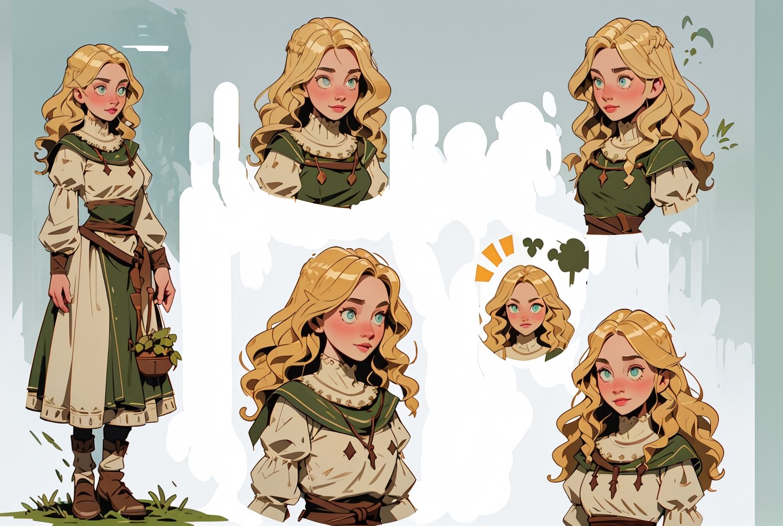 (comic book art style), (Soap-Committee on ArtStation art style), full body view, full shot, front view, back view, character design, character sheet, medieval peasant woman, blonde hair, green eyes, strong highlights, sharp outlines, sharp shadows, 8k, high quality, solid white background, (cell shading).,2dcharacter,High detailed 