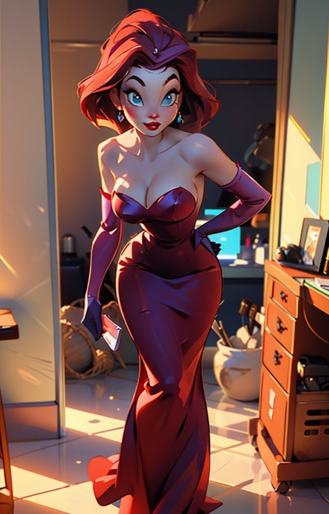 (JessicaWaifu:1),1girl, cute, looking at viewer, (jessica rabbit wavy red hair, blue eyes), (red dress), (strapless dress, elbow gloves, orgasm face, red lips, makeup, cleavage), ((extremely curvy)), sexy, leaning forward, breast focus, sexy face, charming face,(detailed ladscape, backstage, dressing room, glamour:1.2), (background), (dynamic_angle:1.2), (dynamic_pose:1.2), (rule of third_composition:1.3), (dynamic_perspective:1.2), (dynamic_Line_of_action:1.2), solo, wide shot,(masterpiece:1.2), (best quality, highest quality), (ultra detailed), (8k, 4k, intricate),(full-body-shot:1), (Cowboy-shot:1.2), (50mm), (highly detailed:1.2),(detailed face:1.2), detailed_eyes,(gradients),(ambient light:1.3),(cinematic composition:1.3),(HDR:1),Accent Lighting,extremely detailed CG unity 8k wallpaper,original, highres,(perfect_anatomy:1.2) ,SAM YANG, 3DMM, Detailedface, Detailedeyes,hourglass body shape