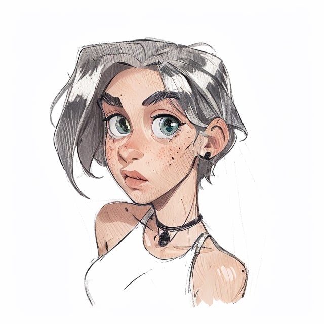 1girl, (caucasian skin), (( 20 years old)), portrait 3/4, dark greengrey eyes, grey hair, European and American cartoon,( hand drawing:1.2) ,DRAWING,cartoon,anime