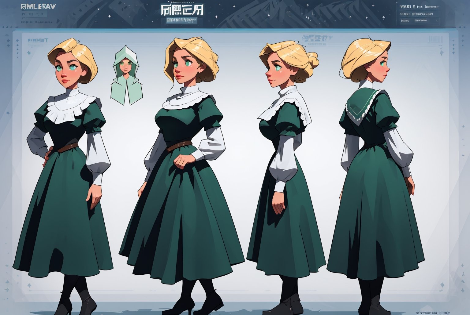 (comic book art style), (Soap-Committee on ArtStation art style), full body view, full shot, front view, back view, character design, character sheet, medieval peasant woman, blonde hair, green eyes, strong highlights, sharp outlines, sharp shadows, 8k, high quality, solid white background, (cell shading).,2dcharacter,High detailed ,SAM YANG