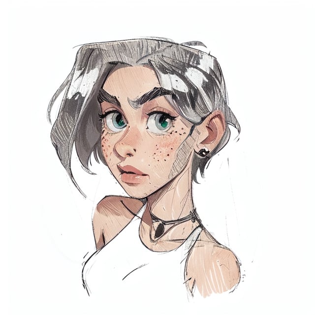 1girl, (caucasian skin), (( 20 years old)), portrait 3/4, dark greengrey eyes, grey hair, European and American cartoon,( hand drawing:1.2) ,DRAWING,cartoon,anime