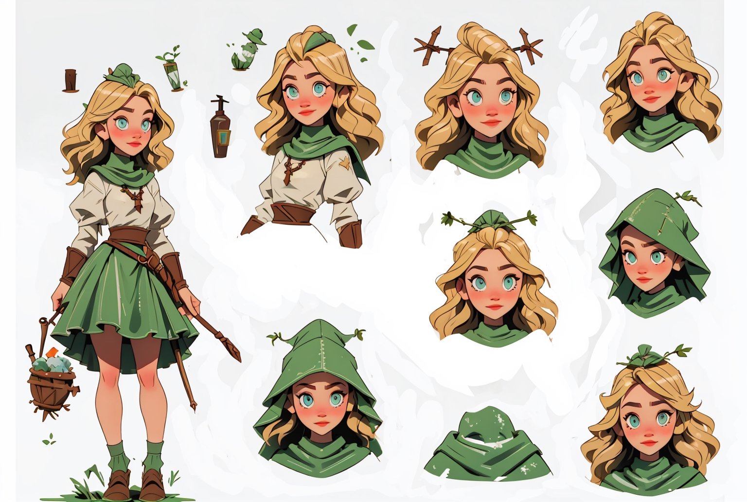 (comic book art style), (Soap-Committee on ArtStation art style), full body view, full shot, front view, back view, character design, character sheet, medieval peasant woman, blonde hair, green eyes, strong highlights, sharp outlines, sharp shadows, 8k, high quality, solid white background, (cell shading).,2dcharacter,High detailed ,SAM YANG,cherucot,simple background