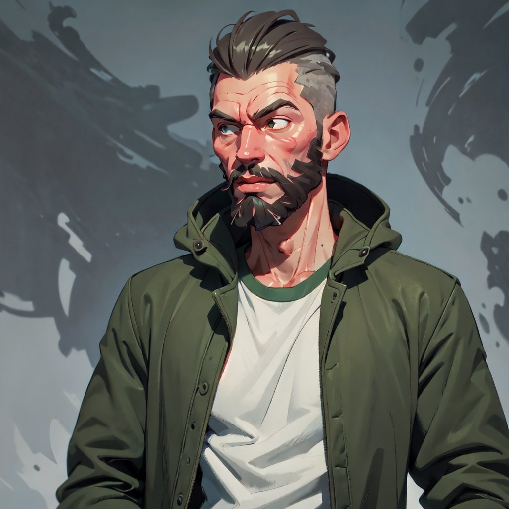 (A_Rostov_Style:0.9), (upper body shot:1.9), (skinny man with round:1.6) in green jacket, alcoholic, swollen face, broken face, short grey hair, beard, flirty dynamic pose, rough brush strokes, soothing tones, calm colors, 
