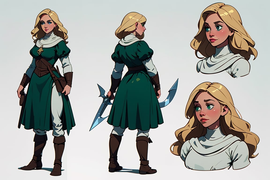 (comic book art style), (Soap-Committee on ArtStation art style), full body view, full shot, front view, back view, character design, character sheet, medieval peasant woman, blonde hair, green eyes, strong highlights, sharp outlines, sharp shadows, 8k, high quality, solid white background, (cell shading).,2dcharacter,High detailed 