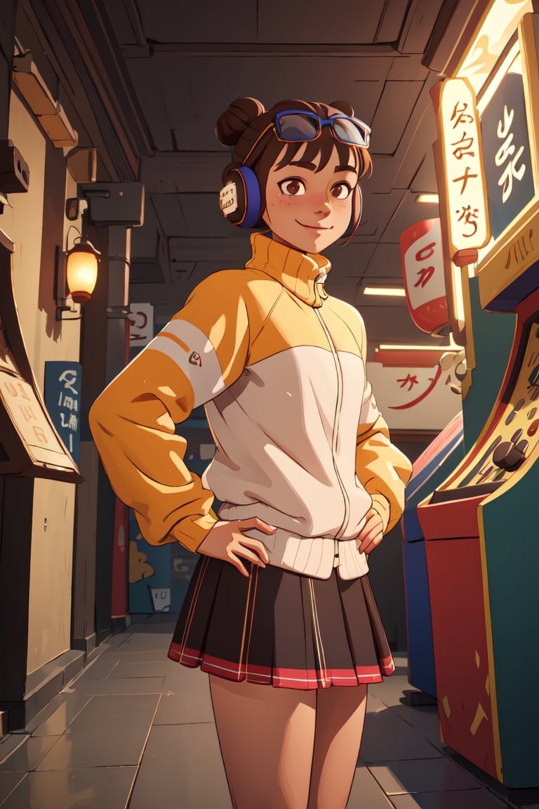 lifen,single hair bun,brown hair,brown eyes,hands on hips,eyewear on head,headphones,wyellow and white jacket,long sleeves,kneehighs,shorts under skirt,chinatown,arcade,indoors,solo,standing,upper body,smile,(insanely detailed, beautiful detailed face,, masterpiece, best quality) cinematic lighting,,,
