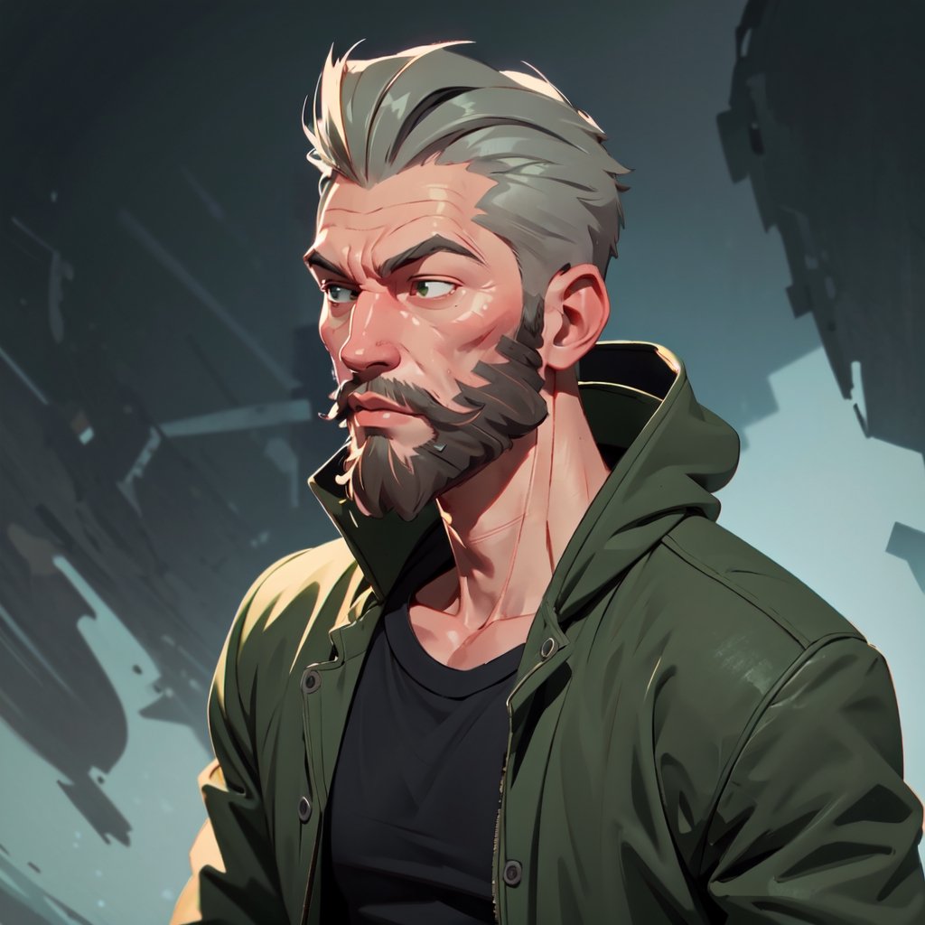 (A_Rostov_Style:0.9), (upper body shot:1.9), (skinny man with round:1.6) in green jacket, alcoholic, swollen face, broken face, short grey hair, beard, flirty dynamic pose, rough brush strokes, soothing tones, calm colors, 
