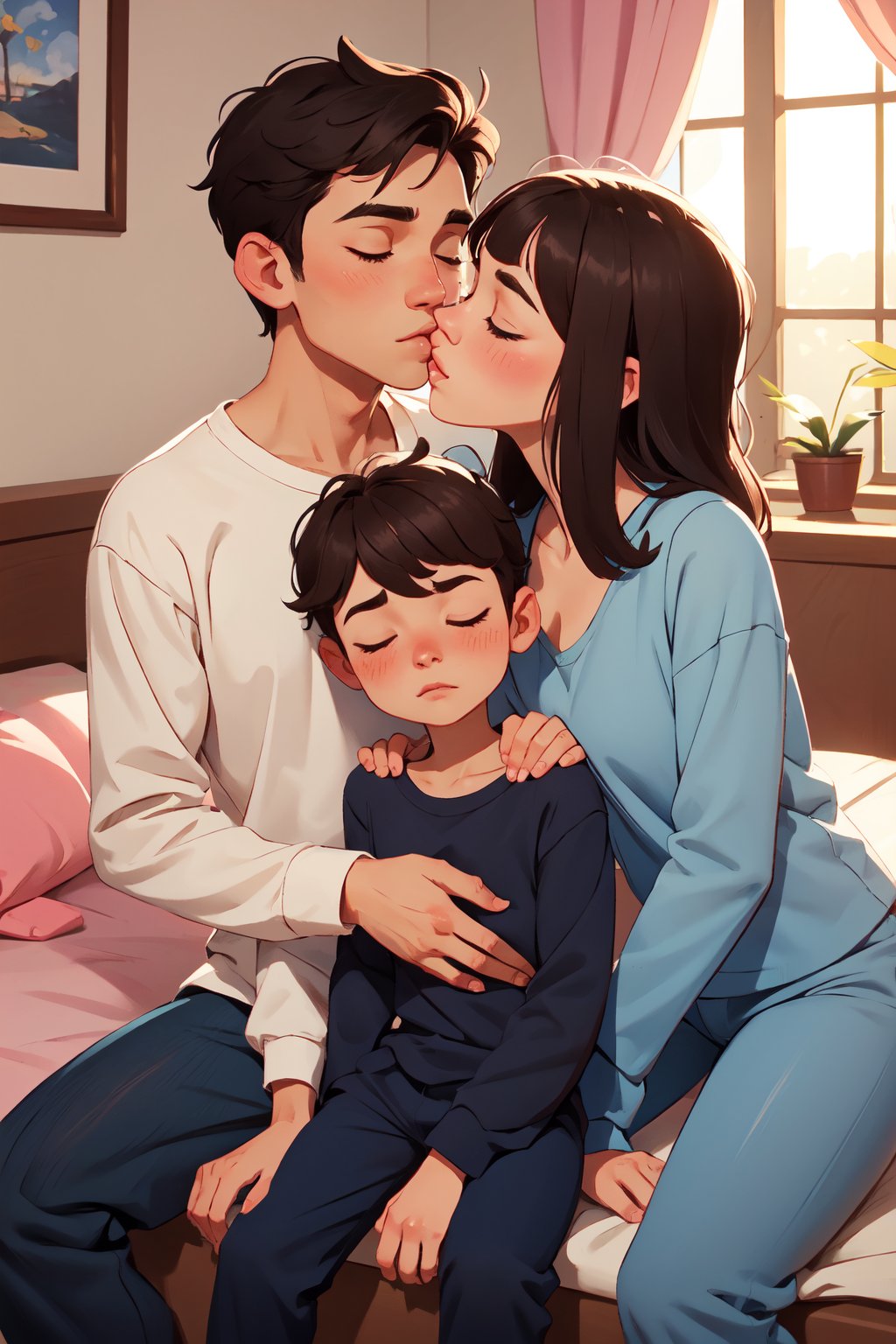 Concept art,love themes,illustrations,1boy,1girl,kiss,hetero,brown hair,closed eyes,topless male,blush,black hair,pajamas,blue pants,long hair,sitting,collarbone,pants,couple,indoors,medium hair,blurry,shirt,hand on another's shoulder,long sleeves,hand on another's chest,short hair,,
