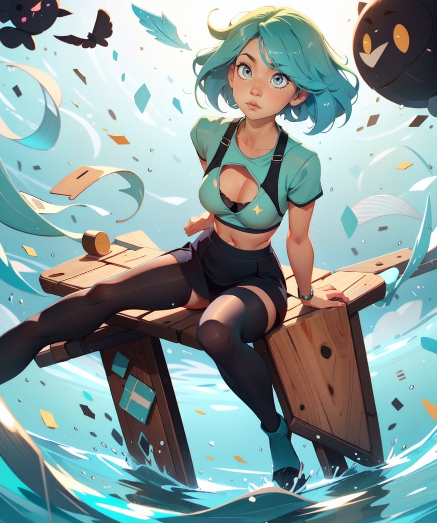 girl (amazing body) (Aquamarine hair), fallen backwards and is sitting, her underwear soaked,  her dark green top has popped open a little, showing her black bra. dark skirt has popped open a little, showing her black underpants, Tights in the grid,SAM YANG