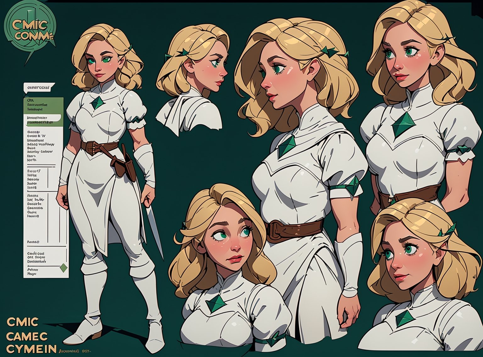 (comic book art style), (Soap-Committee on ArtStation art style), full body view, full shot, front view, back view, character design, character sheet, medieval peasant woman, blonde hair, green eyes, strong highlights, sharp outlines, sharp shadows, 8k, high quality, solid white background, (cell shading).,2dcharacter,High detailed 