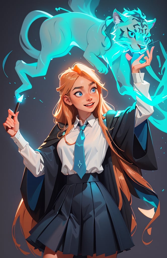 1girl, (caucasian skin), (( 20 years old)), cowboy shot, visualizer, spell expect patronum: translucent liger consisting of blue light, hogwarts student, in left hand magic stick with magical lights, straight_hair, very_long_hair, Light ginger hair, realistic blue eyes, smiling, long black wizard's magic cape with wide sleeves, pleated school black skirt, white shirt with tie, perfect body, perfect hips, perfect breasts, perfect ass, perfect makeup, sensual facial expression, cyan magic edge glow, leg_spread, full_body, perfect legs, perfect hands, perfect hair,SAM YANG