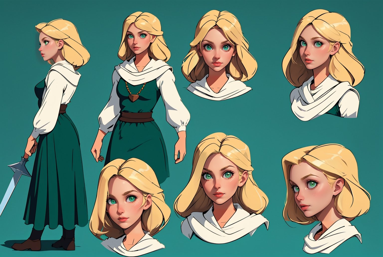 (comic book art style), (Soap-Committee on ArtStation art style), full body view, full shot, front view, back view, character design, character sheet, medieval peasant woman, blonde hair, green eyes, strong highlights, sharp outlines, sharp shadows, 8k, high quality, solid white background, (cell shading).,2dcharacter,High detailed ,SAM YANG,cherucot,simple background