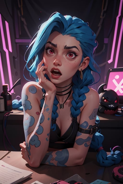 1girl, blue braid hairs, devil red eyes, wearing black bikini aside,high res, ultrashrap, 8k, masterpiece looking at viewer.     ,a_line_haircut, hand on own face, surprised, open mouth,JinxLol,full body, cyberpunk