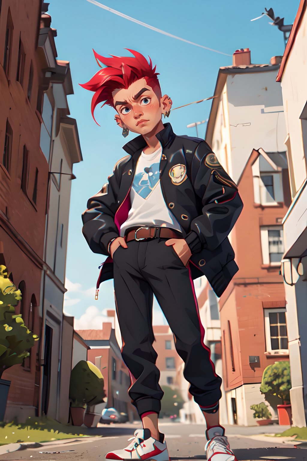 Masterpiece, Best Quality, 1boy,  solo, jacket, red hair, shoes, belt, pants, shirt, blush, outdoors scenery, intricately detailed, open jacket, open clothes, black jacket,  white shirt, hand on hip, spiked hair, dark skin, closed mouth, multicolored hair, dark-skinned male, two-tone hair, ear piercing, sneakers, piercing, mohawk, undercut, manly, cowboy shot, from below, looking at viewer, intricately detailed.