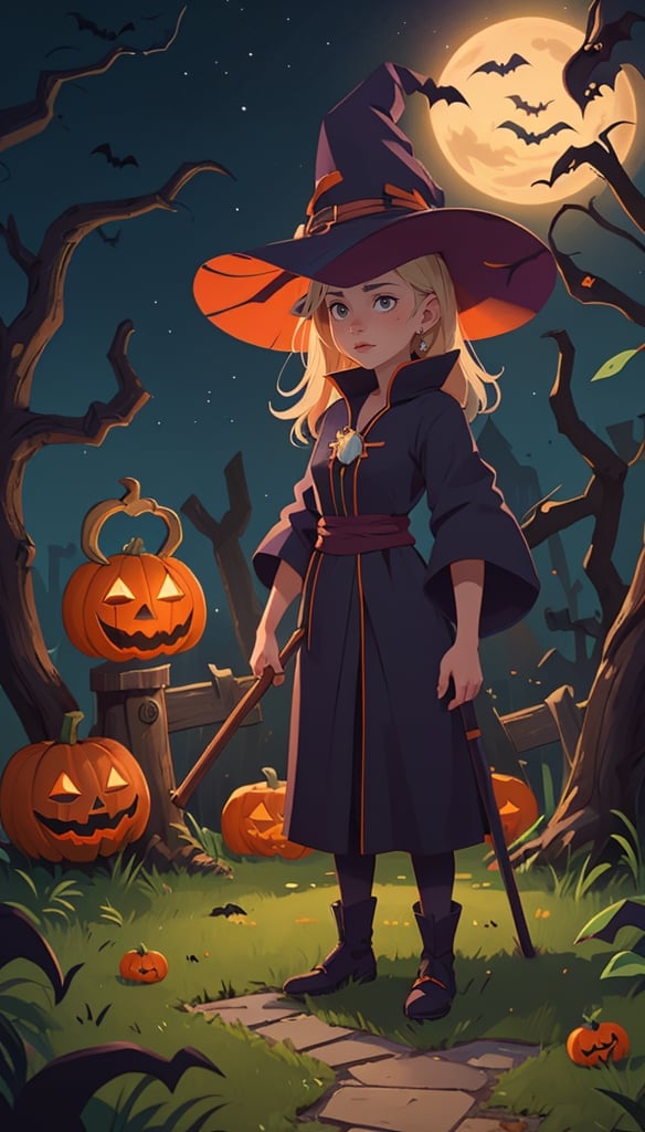 (((a beautiful witch female)) is standing outside in front of a house at night near the grass and path, ((endearing)),((Halloween)), maikage, polycount, Kishi Ganku, Isekai, symbolism, anime, ((complex_background)),