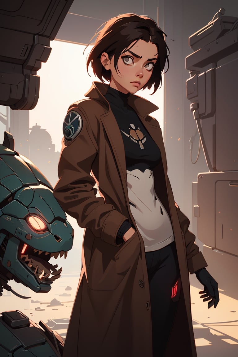 a cyborg girl, battle angel alita, black turtle neck tank top, long brown coat, glowing, (art by Ilya Kuvshinov) shadow, dramatic lighting (masterpiece, best quality ), , scenery