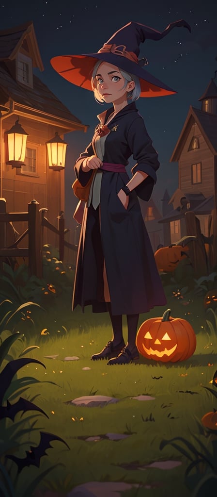 (((a beautiful witch female)) is standing outside in front of a house at night near the grass and path, ((endearing)),((Halloween)), maikage, polycount, Kishi Ganku, Isekai, symbolism, anime, ((complex_background)),