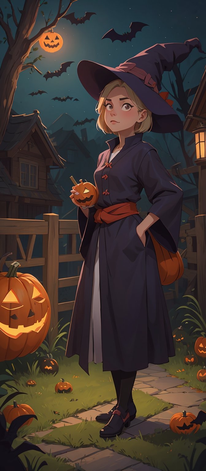 (((a beautiful witch female)) is standing outside in front of a house at night near the grass and path, ((endearing)),((Halloween)), maikage, polycount, Kishi Ganku, Isekai, symbolism, anime, ((complex_background)),