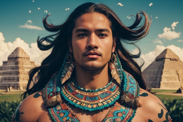 Realistic image of a (man, mexican mayan warrior, brown skin), taken with a high-resolution 16k camera, using a 50mm lens for a sharp focus on the redhead, Miki Asai Macro photography, (mayan pyramid in the background), hyper detailed, trending on artstation, sharp focus, studio photo, intricate details, highly detailed, by greg rutkowski,renaissance,full_body,povbathinfront,potcoll,maxMP3_soul3142